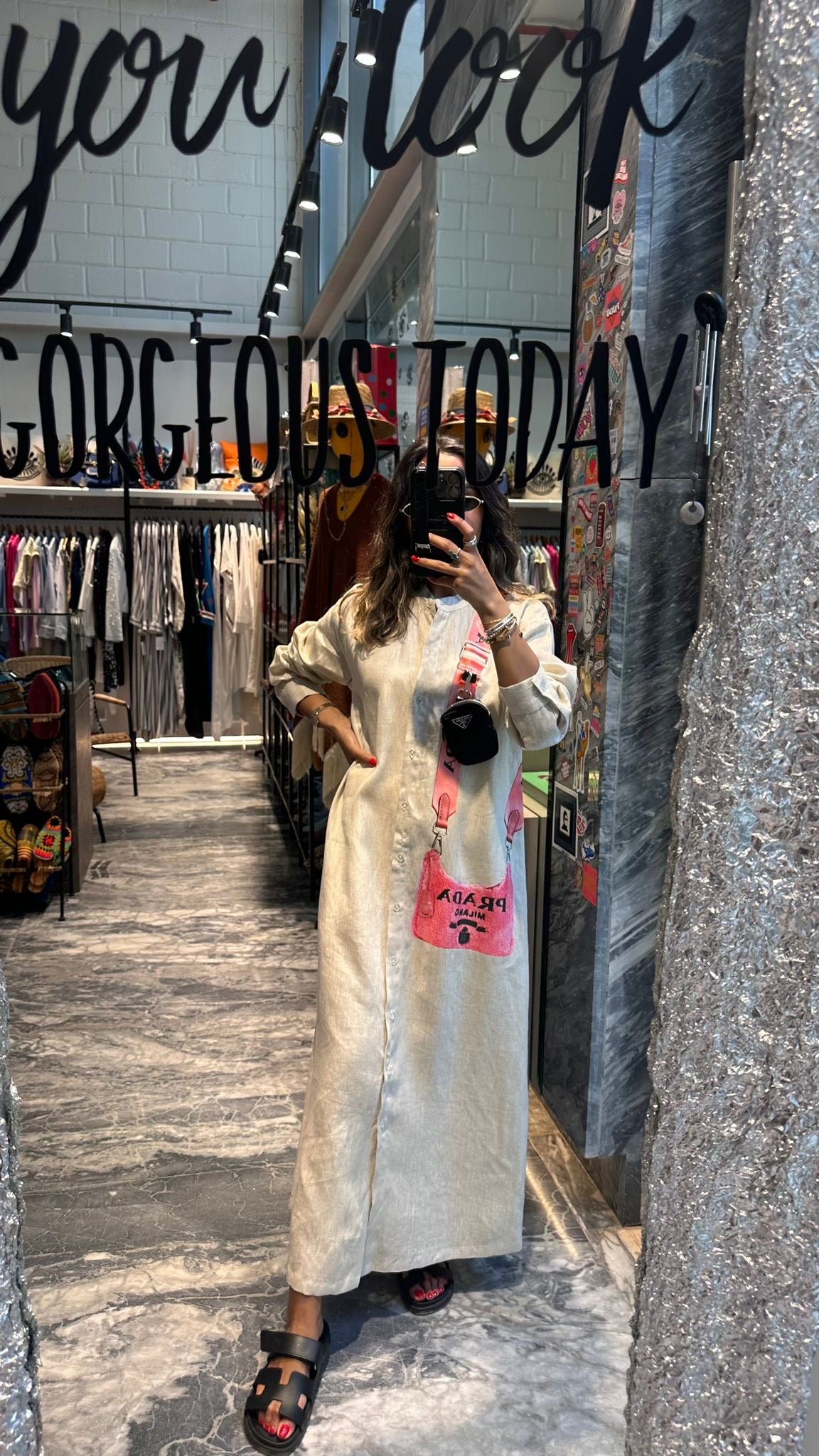 Linen long dress with Pink fancy bag and mini hanging wallet