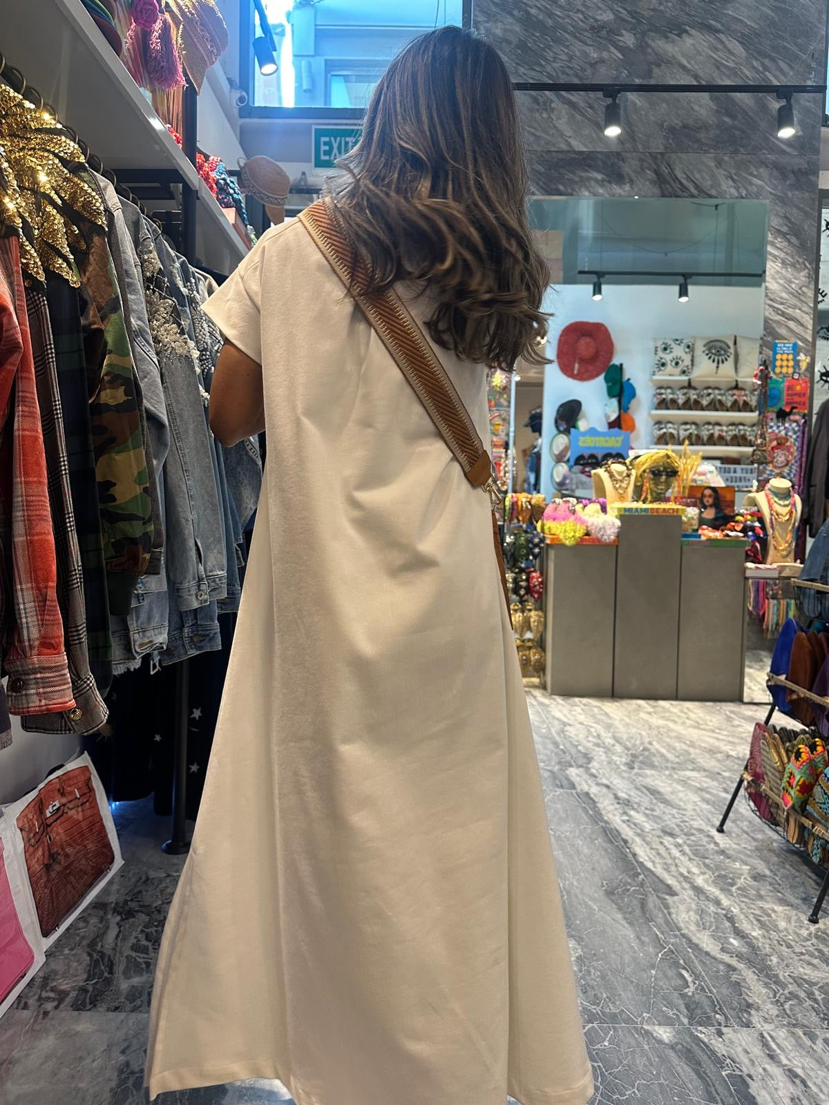 Jeans long dress with brown bag and real strap