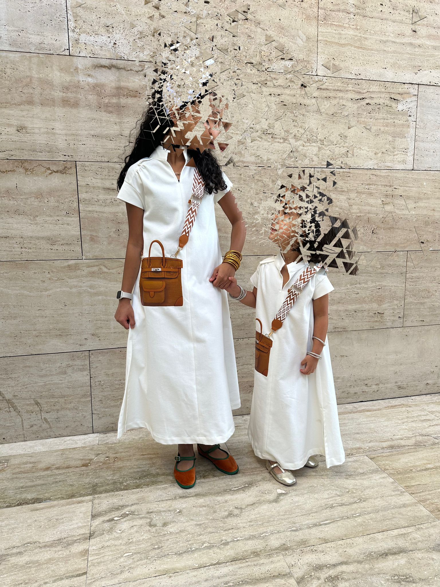 White jeans kids dress with brown bag and strap