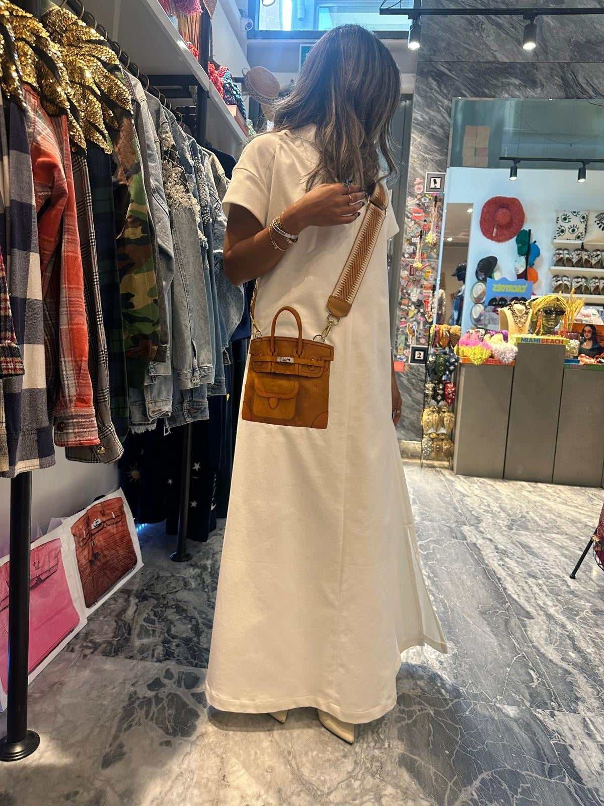 Jeans long dress with brown bag and real strap