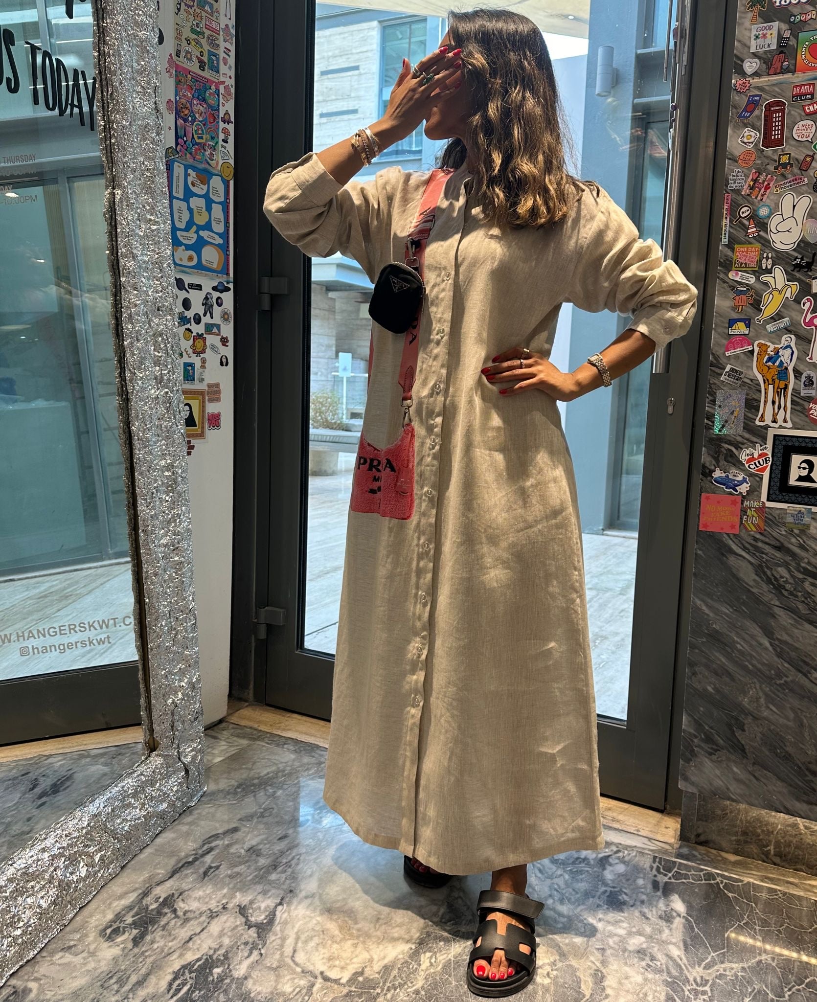 Linen long dress with Pink fancy bag and mini hanging wallet