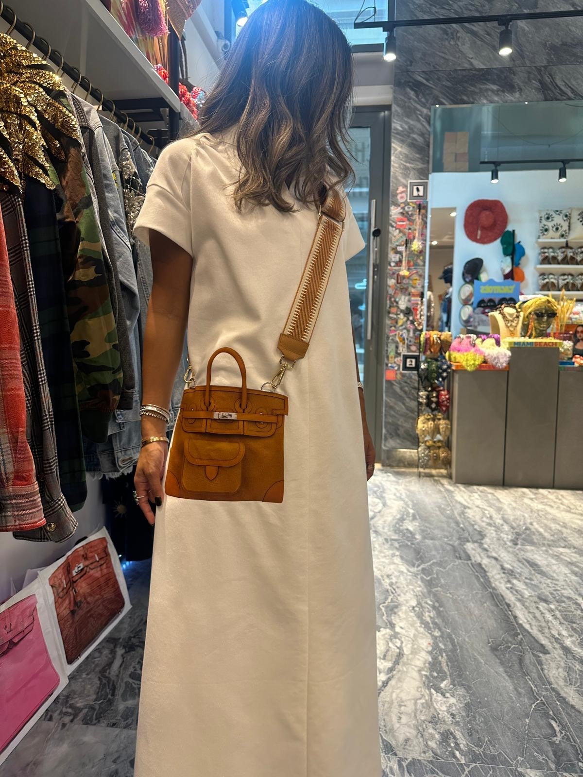 Jeans long dress with brown bag and real strap